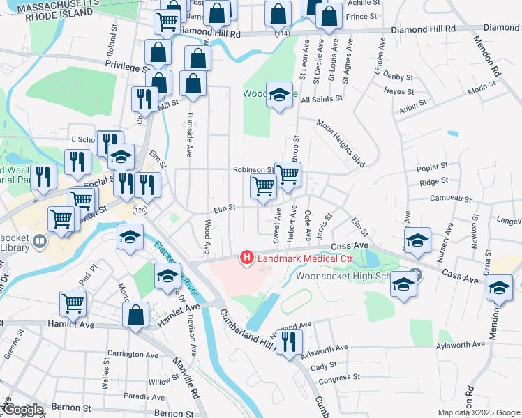 map of restaurants, bars, coffee shops, grocery stores, and more near 521 Elm Street in Woonsocket