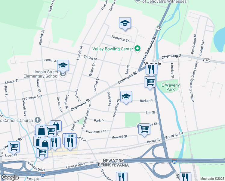 map of restaurants, bars, coffee shops, grocery stores, and more near 2 Ithaca Street in Waverly