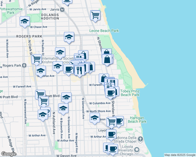 map of restaurants, bars, coffee shops, grocery stores, and more near 1225 West Morse Avenue in Chicago