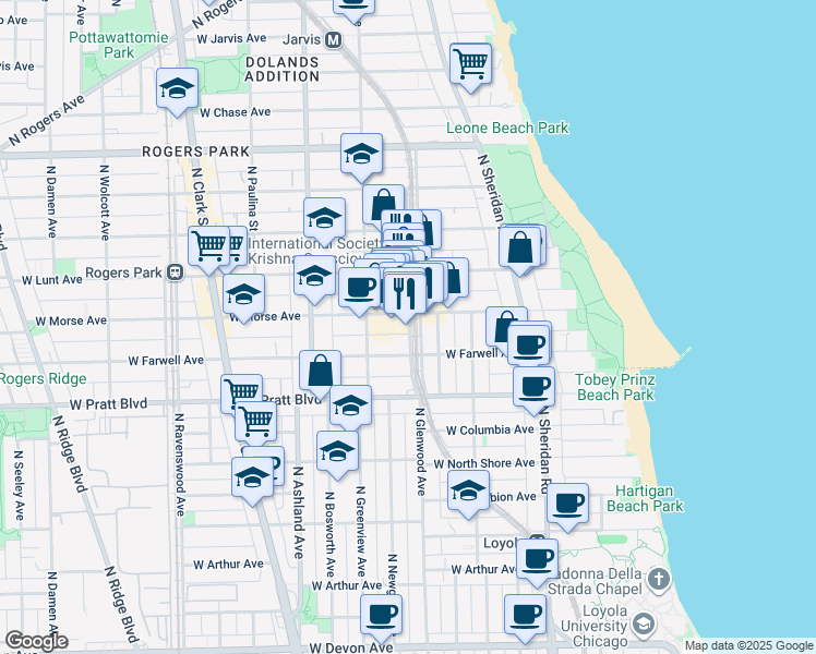 map of restaurants, bars, coffee shops, grocery stores, and more near 6930 North Glenwood Avenue in Chicago