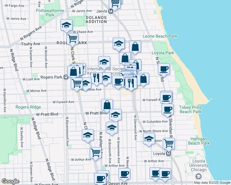 map of restaurants, bars, coffee shops, grocery stores, and more near 1527 West Morse Avenue in Chicago