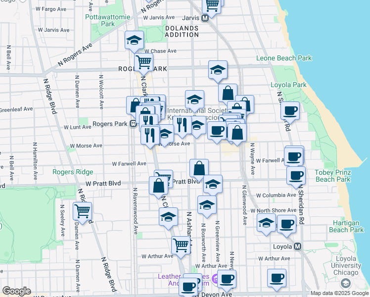 map of restaurants, bars, coffee shops, grocery stores, and more near 1600 West Morse Avenue in Chicago