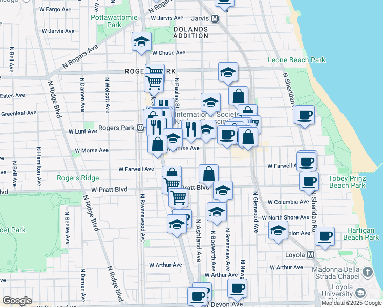 map of restaurants, bars, coffee shops, grocery stores, and more near 1600 West Morse Avenue in Chicago