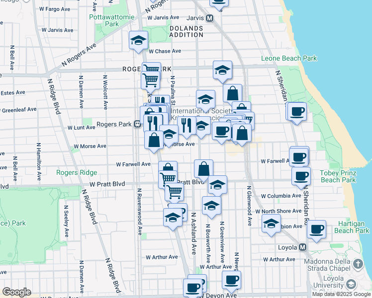 map of restaurants, bars, coffee shops, grocery stores, and more near 1600 West Morse Avenue in Chicago