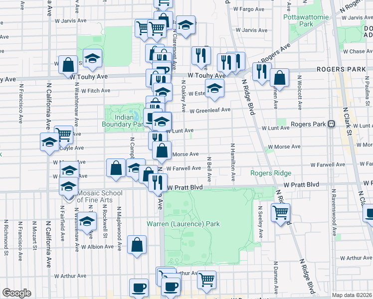 map of restaurants, bars, coffee shops, grocery stores, and more near 2308 West Morse Avenue in Chicago