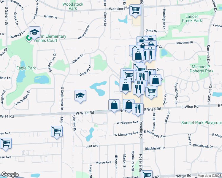 map of restaurants, bars, coffee shops, grocery stores, and more near 1089 Dickens Way in Schaumburg