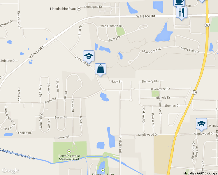 map of restaurants, bars, coffee shops, grocery stores, and more near 627 West Brickville Road in Sycamore
