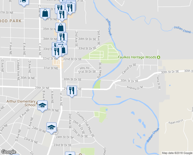 map of restaurants, bars, coffee shops, grocery stores, and more near 3000 Sidney Street Southeast in Cedar Rapids