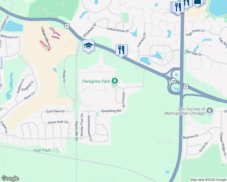 map of restaurants, bars, coffee shops, grocery stores, and more near 576 Peregrine Parkway in Bartlett