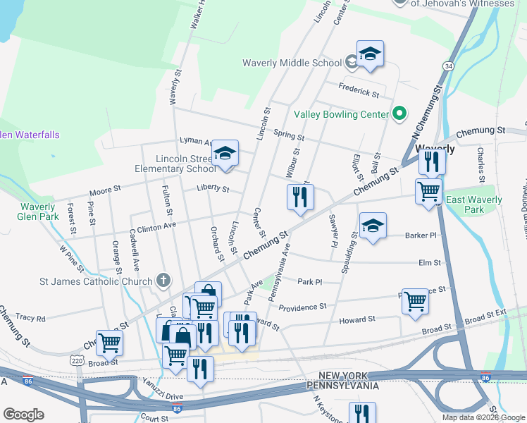 map of restaurants, bars, coffee shops, grocery stores, and more near 104 Center St in Waverly