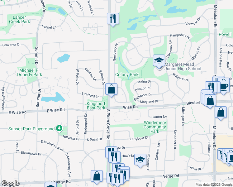map of restaurants, bars, coffee shops, grocery stores, and more near 615 Newberry Drive in Elk Grove Village