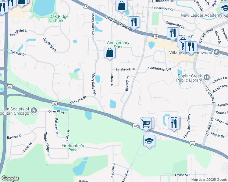 map of restaurants, bars, coffee shops, grocery stores, and more near 116 Beverly Court in Streamwood