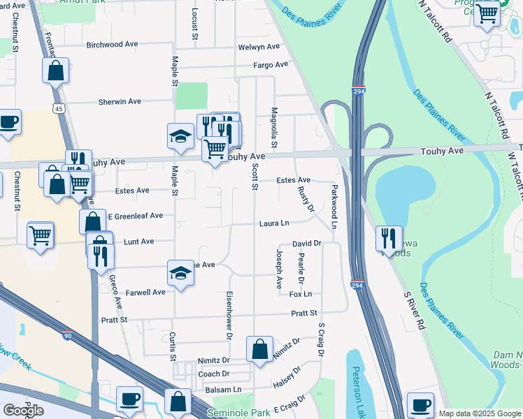 map of restaurants, bars, coffee shops, grocery stores, and more near 2529 South Scott Street in Des Plaines