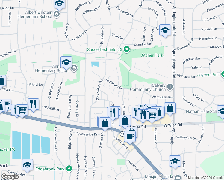 map of restaurants, bars, coffee shops, grocery stores, and more near 7570 Sarson Way in Hanover Park