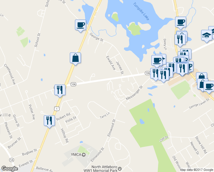 map of restaurants, bars, coffee shops, grocery stores, and more near 30 Sunnyside Drive in Plainville