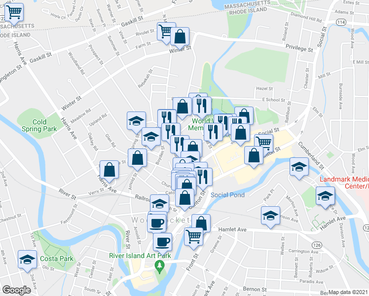 map of restaurants, bars, coffee shops, grocery stores, and more near 96 Earle St in Woonsocket