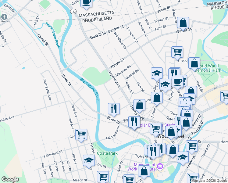 map of restaurants, bars, coffee shops, grocery stores, and more near 32 Lyman St in Woonsocket