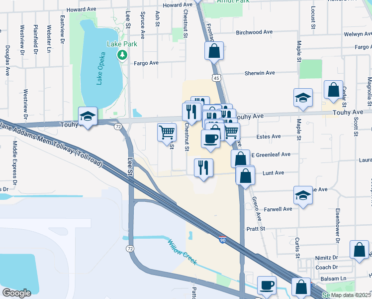 map of restaurants, bars, coffee shops, grocery stores, and more near 10400 Carol Court in Rosemont