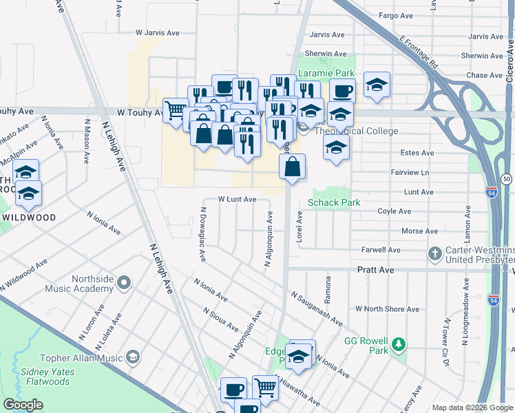 map of restaurants, bars, coffee shops, grocery stores, and more near 6937 North Minnetonka Avenue in Chicago