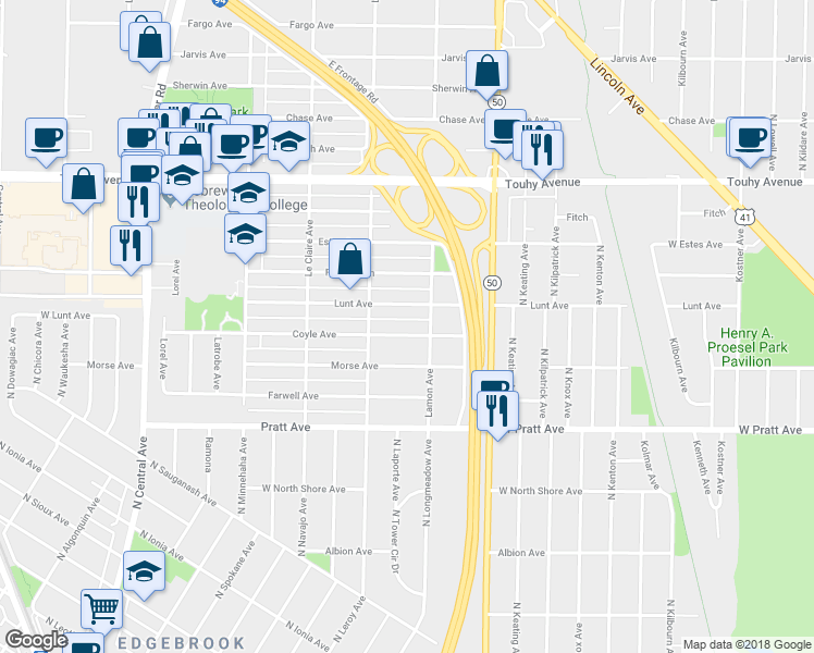 map of restaurants, bars, coffee shops, grocery stores, and more near 4924 Coyle Avenue in Skokie