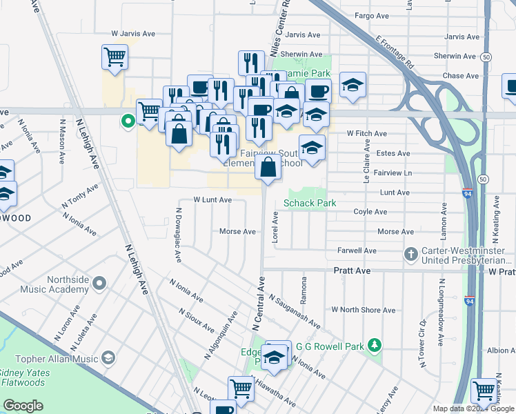 map of restaurants, bars, coffee shops, grocery stores, and more near 6938 North Central Avenue in Chicago