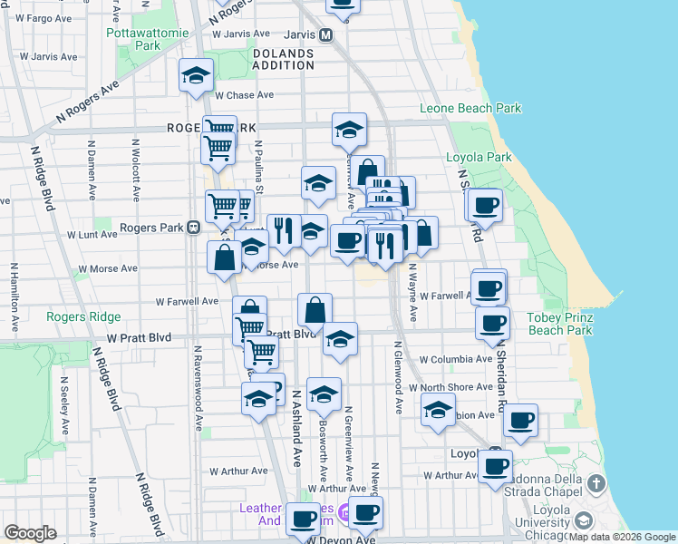 map of restaurants, bars, coffee shops, grocery stores, and more near 1515 West Morse Avenue in Chicago
