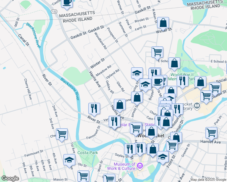 map of restaurants, bars, coffee shops, grocery stores, and more near 107 Oakley Road in Woonsocket