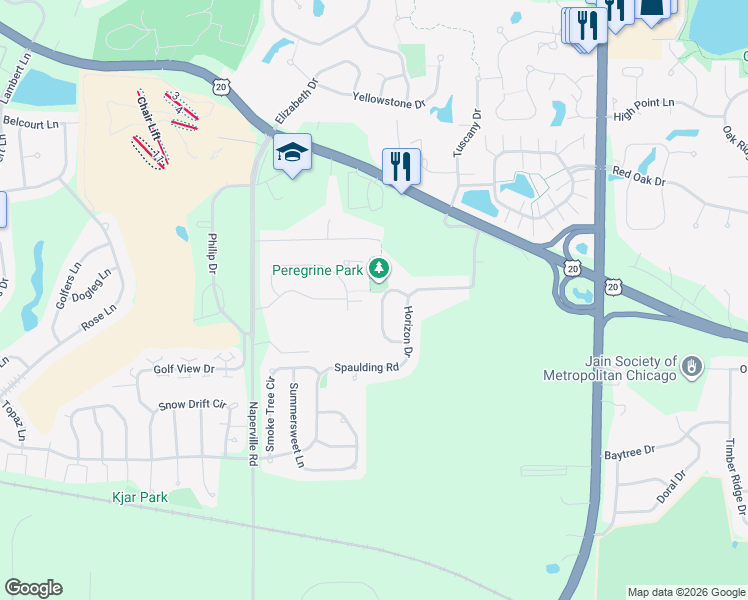 map of restaurants, bars, coffee shops, grocery stores, and more near 578 Peregrine Parkway in Bartlett