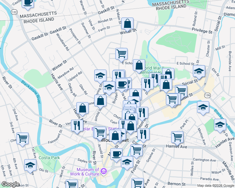 map of restaurants, bars, coffee shops, grocery stores, and more near 142 North Main Street in Woonsocket