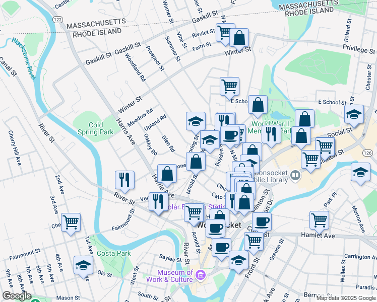 map of restaurants, bars, coffee shops, grocery stores, and more near 53 Spring Street in Woonsocket