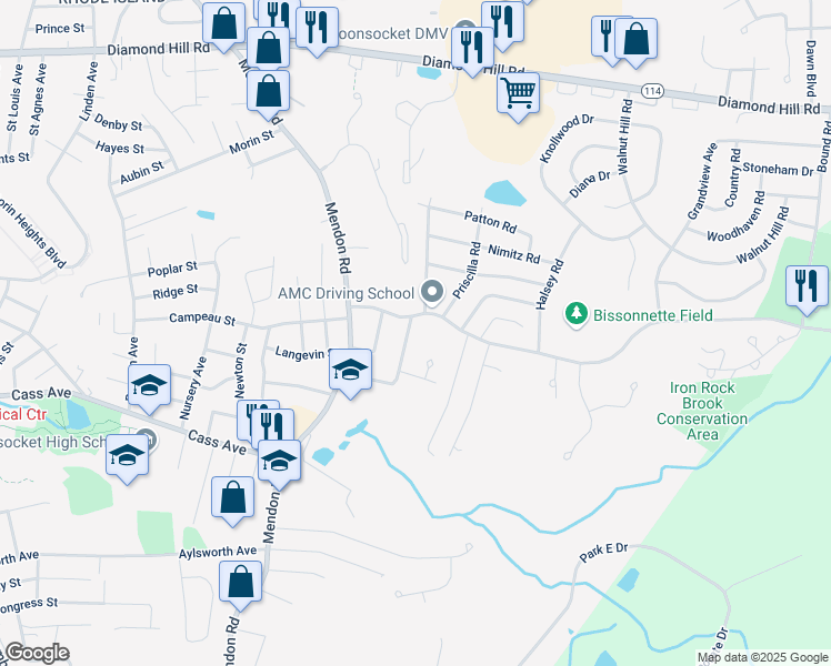 map of restaurants, bars, coffee shops, grocery stores, and more near 32 Theresa Street in Woonsocket