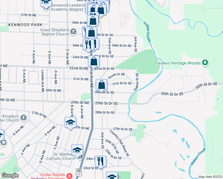 map of restaurants, bars, coffee shops, grocery stores, and more near 212 30th Street Drive Southeast in Cedar Rapids