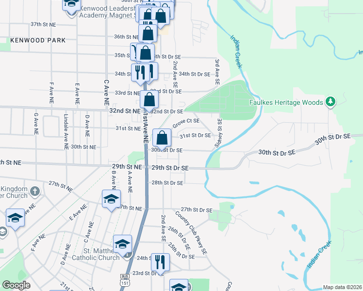 map of restaurants, bars, coffee shops, grocery stores, and more near 212 30th Street Drive Southeast in Cedar Rapids