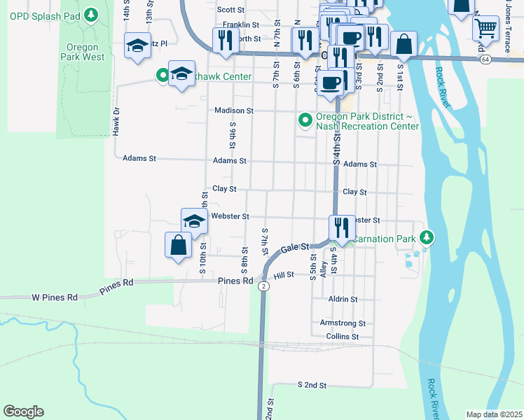 map of restaurants, bars, coffee shops, grocery stores, and more near 610 South 7th Street in Oregon