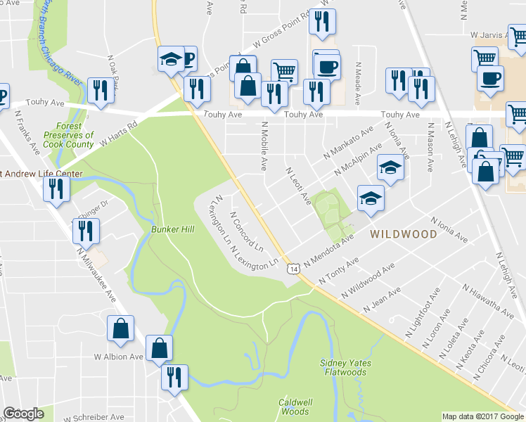 map of restaurants, bars, coffee shops, grocery stores, and more near 6904 North McAlpin Avenue in Chicago
