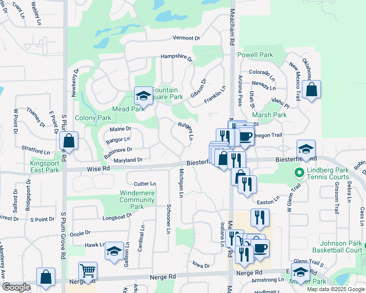 map of restaurants, bars, coffee shops, grocery stores, and more near 578 Rutgers Lane in Elk Grove Village