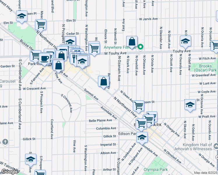 map of restaurants, bars, coffee shops, grocery stores, and more near 302 Berry Parkway in Park Ridge