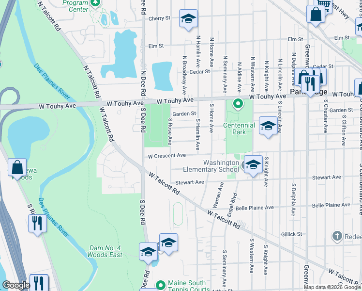 map of restaurants, bars, coffee shops, grocery stores, and more near 1855 Prairie Avenue in Park Ridge