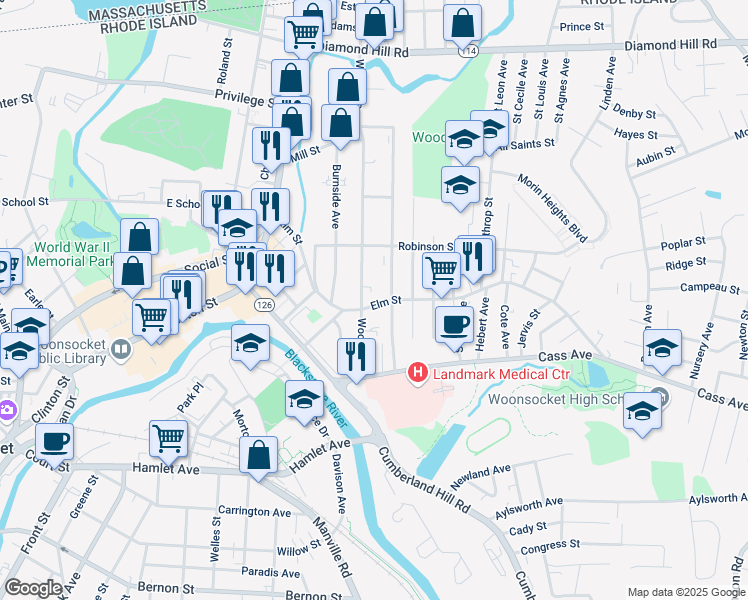 map of restaurants, bars, coffee shops, grocery stores, and more near 358 Elm St in Woonsocket