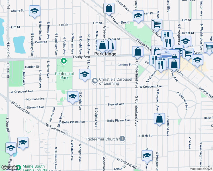 map of restaurants, bars, coffee shops, grocery stores, and more near 1116 West Crescent Avenue in Park Ridge