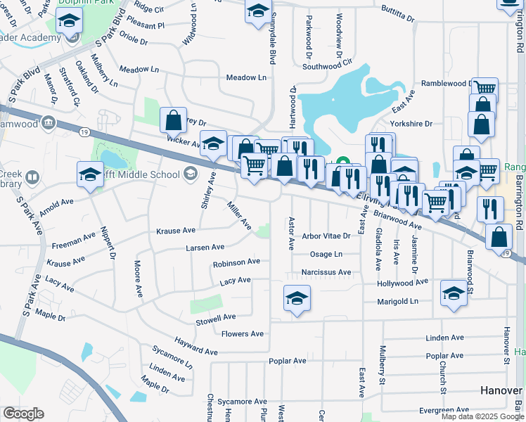 map of restaurants, bars, coffee shops, grocery stores, and more near 1514 McKool Avenue in Streamwood