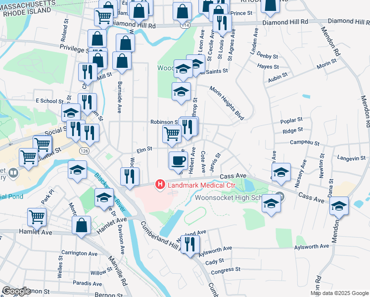 map of restaurants, bars, coffee shops, grocery stores, and more near 577 Elm Street in Woonsocket