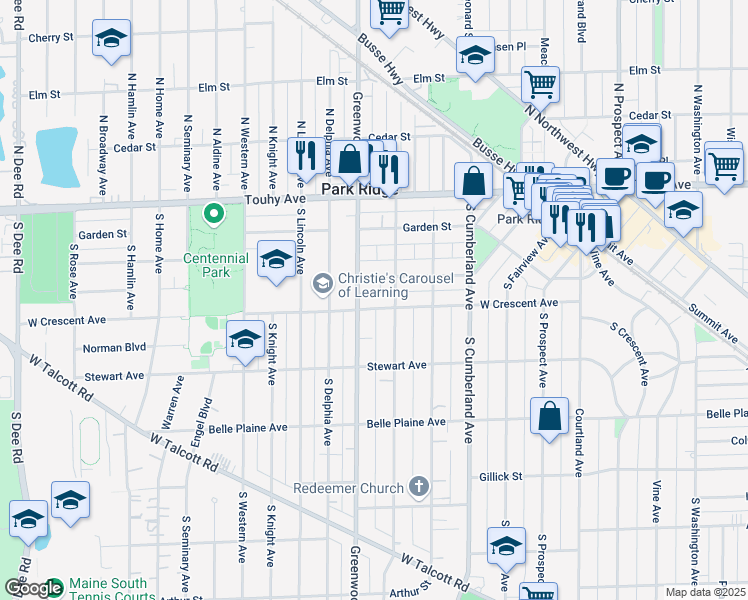 map of restaurants, bars, coffee shops, grocery stores, and more near 1116 West Crescent Avenue in Park Ridge