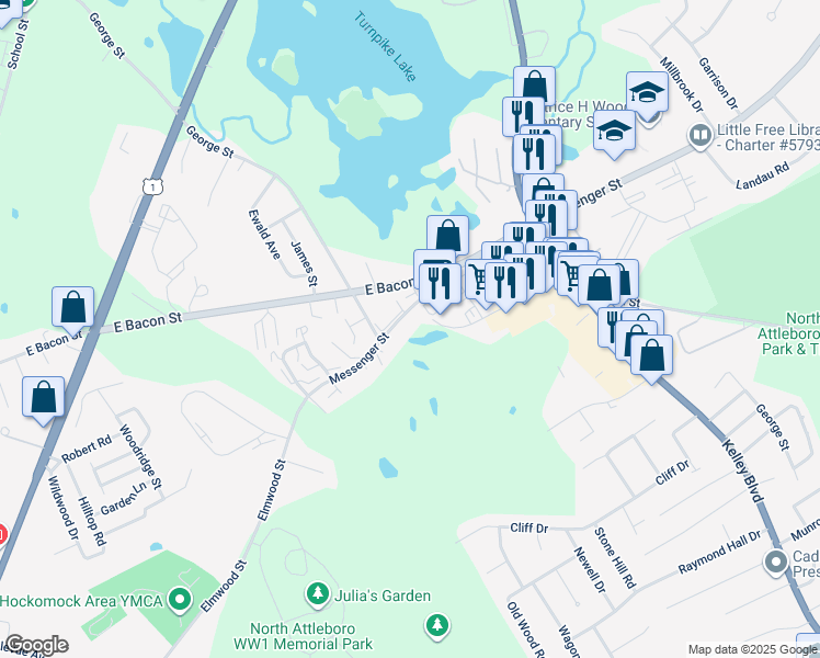 map of restaurants, bars, coffee shops, grocery stores, and more near 21 Messenger Street in Plainville