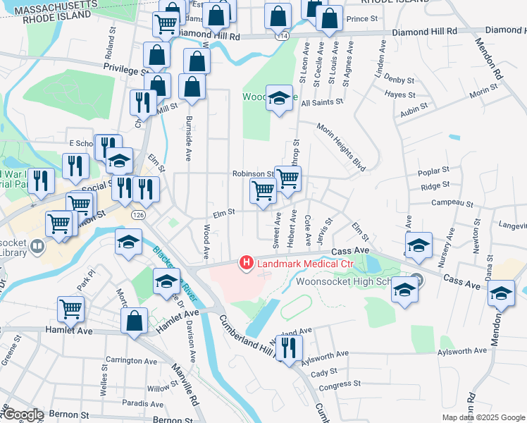 map of restaurants, bars, coffee shops, grocery stores, and more near 521 Elm Street in Woonsocket