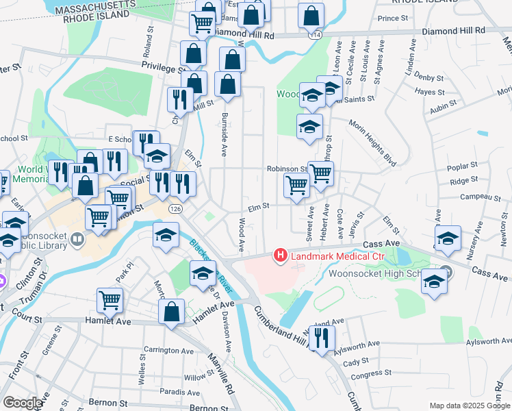 map of restaurants, bars, coffee shops, grocery stores, and more near 358 Elm Street in Woonsocket