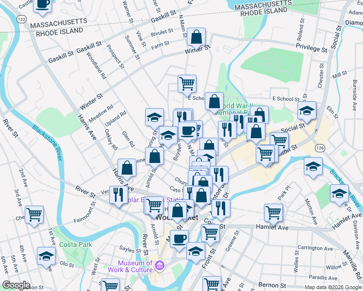 map of restaurants, bars, coffee shops, grocery stores, and more near 142 North Main Street in Woonsocket