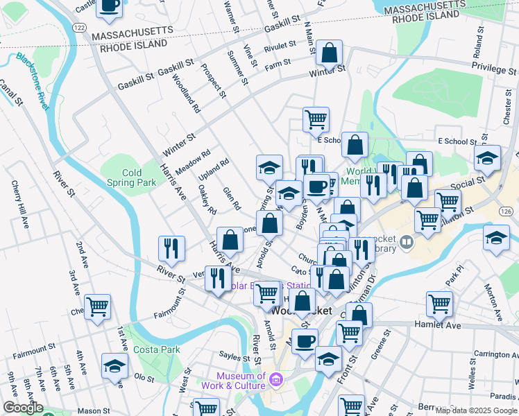 map of restaurants, bars, coffee shops, grocery stores, and more near 53 Spring Street in Woonsocket
