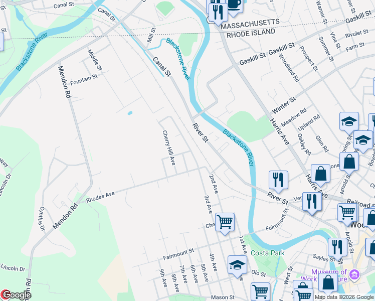 map of restaurants, bars, coffee shops, grocery stores, and more near 708 3rd Avenue in Woonsocket