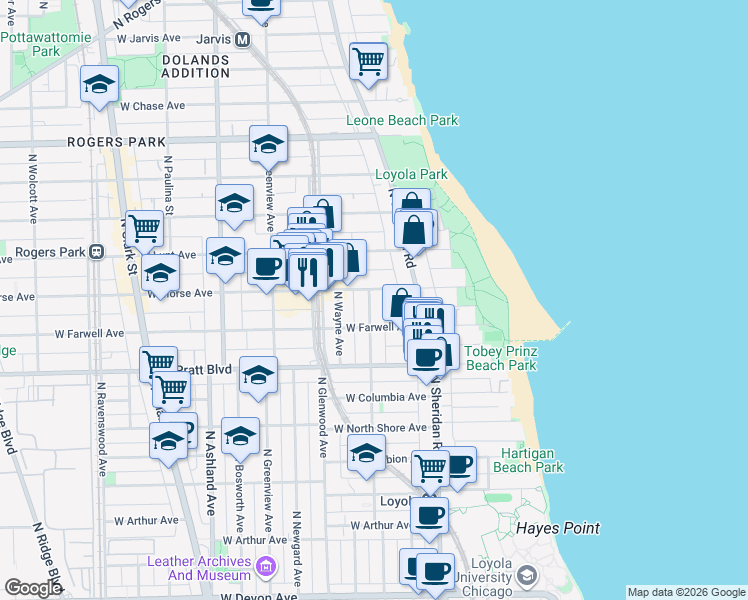 map of restaurants, bars, coffee shops, grocery stores, and more near 1225 West Morse Avenue in Chicago